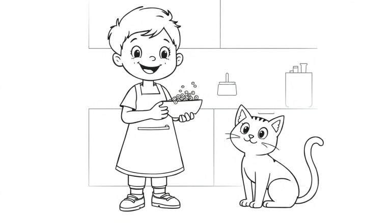 Un enfant souriant portant un tablier et tenant un bol, avec un chat à côté de lui dans une cuisine. Page à colorier.