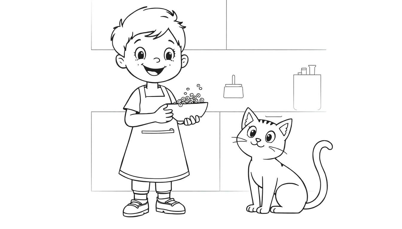 Un enfant souriant portant un tablier et tenant un bol, avec un chat à côté de lui dans une cuisine. Page à colorier.