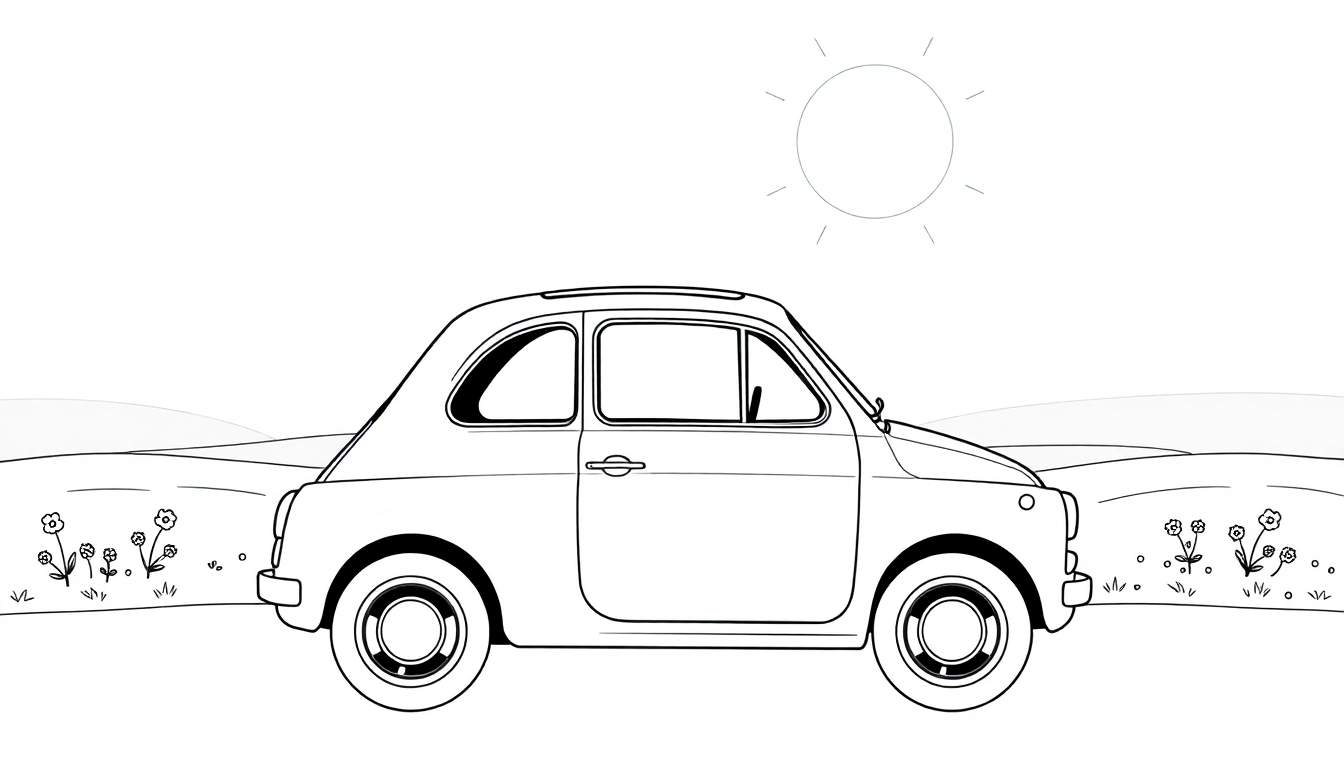 Dessin au trait d'une petite voiture de style Fiat 500 dans un paysage de campagne avec un soleil esquissé, attendant d'être coloriée sur un color panel.