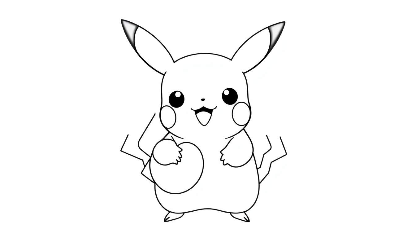 Pikachu joyeux sur une page de coloriage, prêt à être colorisé.