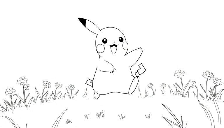 Dessin au trait de Pikachu courant dans un champ de fleurs coloré, style coloriage.