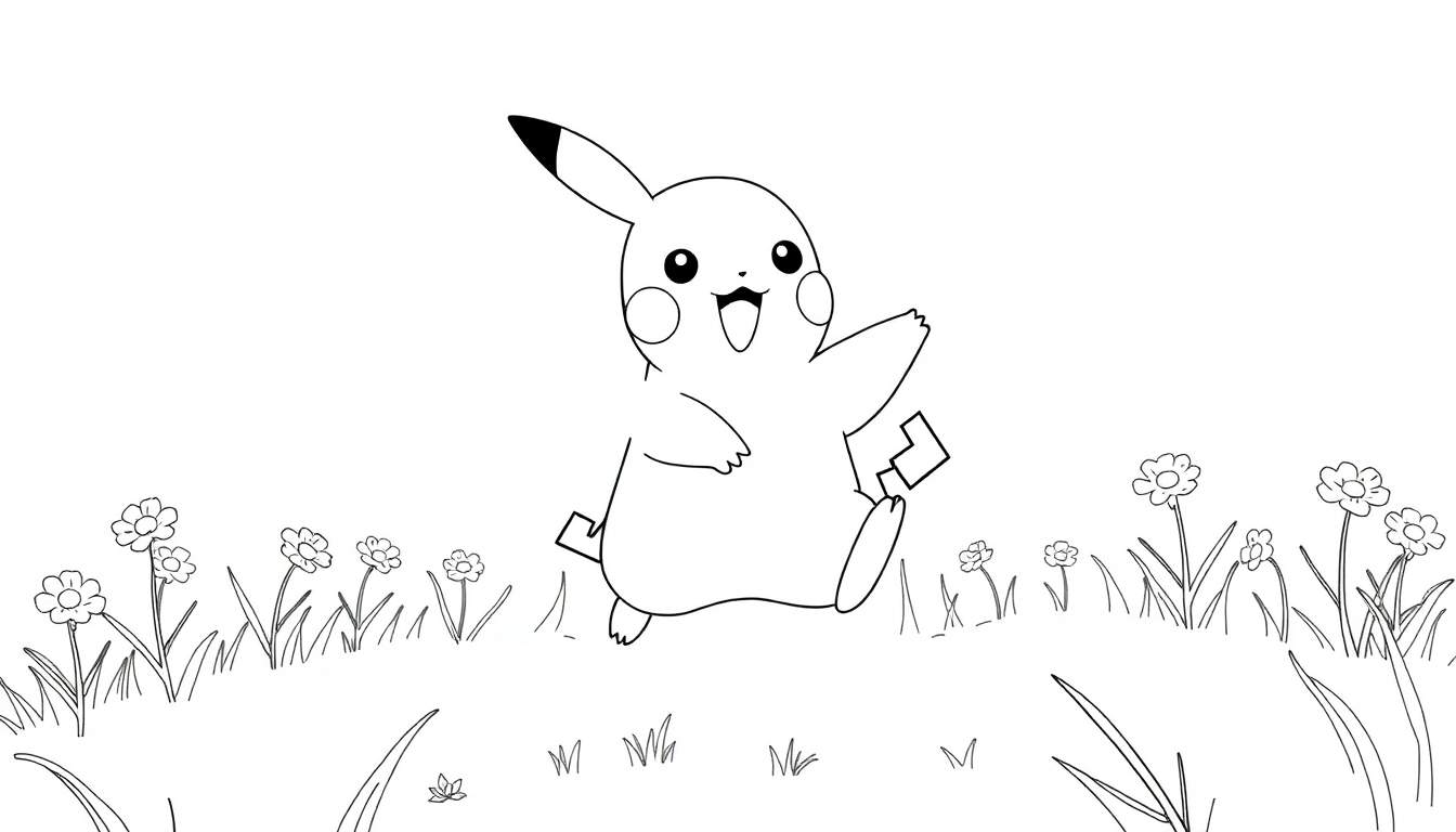 Dessin au trait de Pikachu courant dans un champ de fleurs coloré, style coloriage.