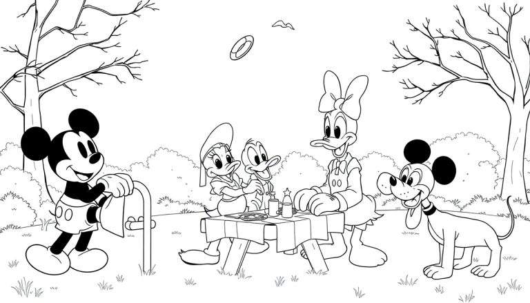 Mickey Mouse, Donald Duck, Daisy Duck et Pluto pique-niquent dans un parc. Un color panel prêt à être colorié.