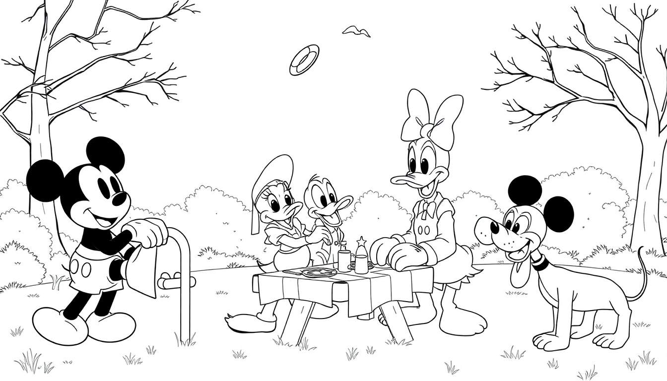 Mickey Mouse, Donald Duck, Daisy Duck et Pluto pique-niquent dans un parc. Un color panel prêt à être colorié.