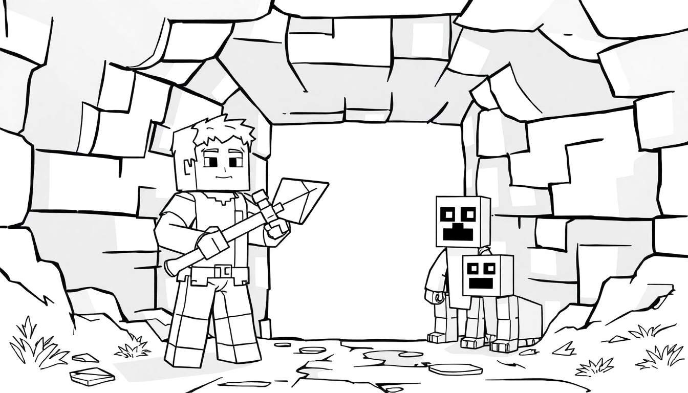 Planche couleur montrant Steve de Minecraft tenant une pioche dans une mine avec un Creeper en arrière-plan.