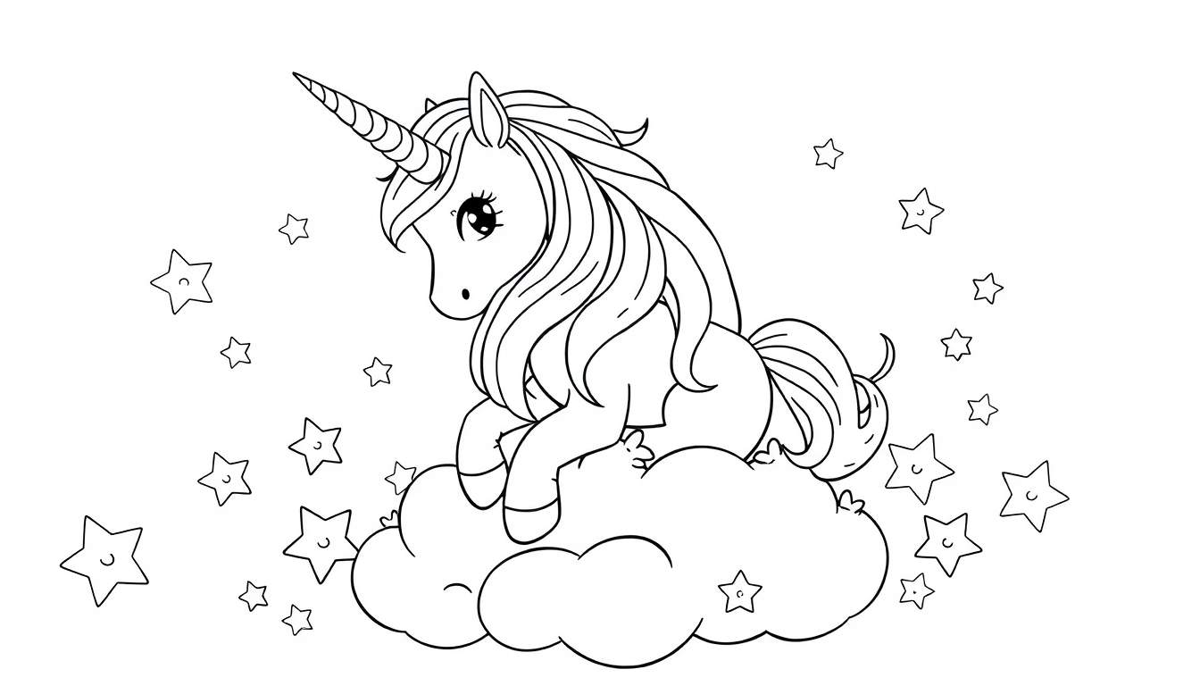 Planche de coloriage d'une licorne de dessin animé sur un nuage, entourée d'étoiles.