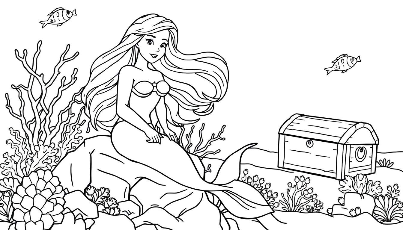 Une jolie sirène assise sur un rocher dans un dessin au trait, une planche à colorier.