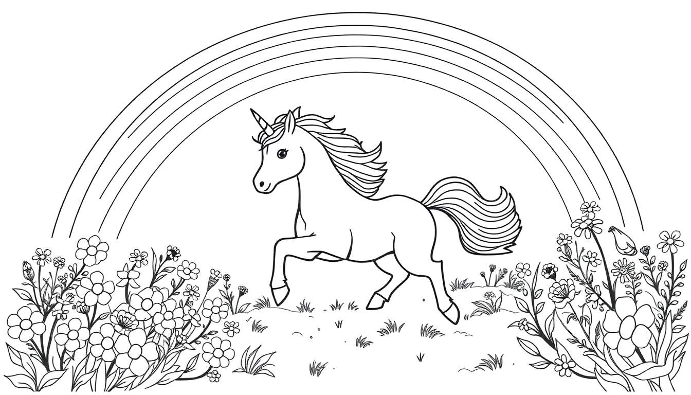 Une licorne magique court dans un champ de fleurs colorées sous un arc-en-ciel joyeux, une représentation en couleur de la plaque.