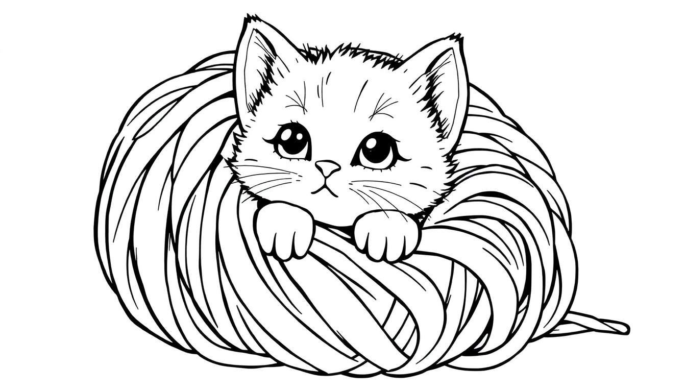 Une plaque de coloriage de chaton jouant avec une pelote de laine, avec de grands yeux et des lignes simples.