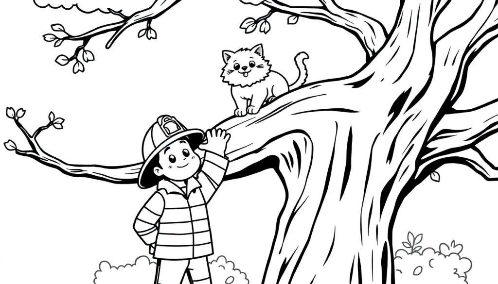 Plaque de coloriage d'un pompier secourant un chat dans un arbre.