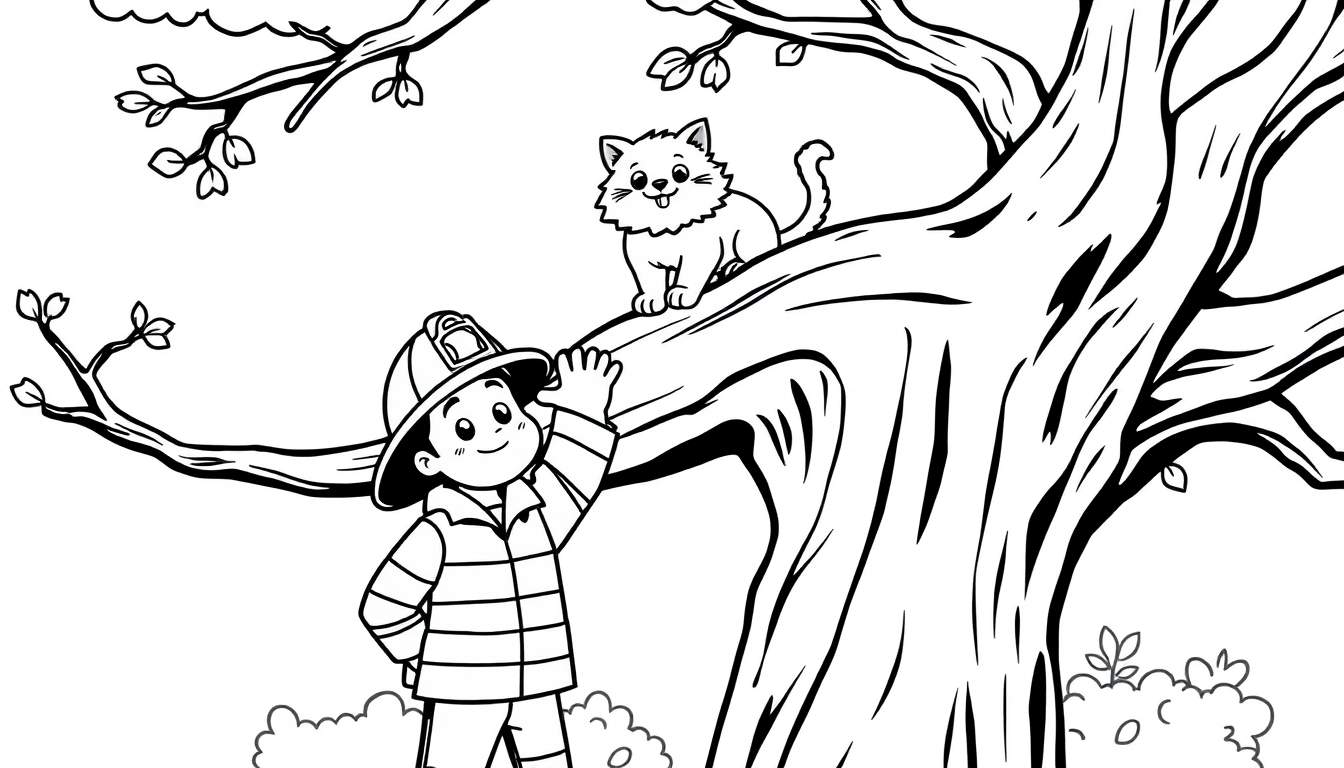 Plaque de coloriage d'un pompier secourant un chat dans un arbre.