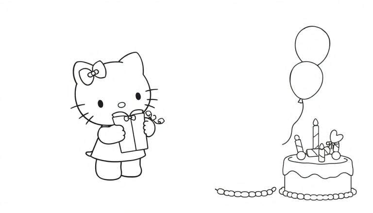 Hello Kitty présentant un cadeau sur une plaque de coloriage.