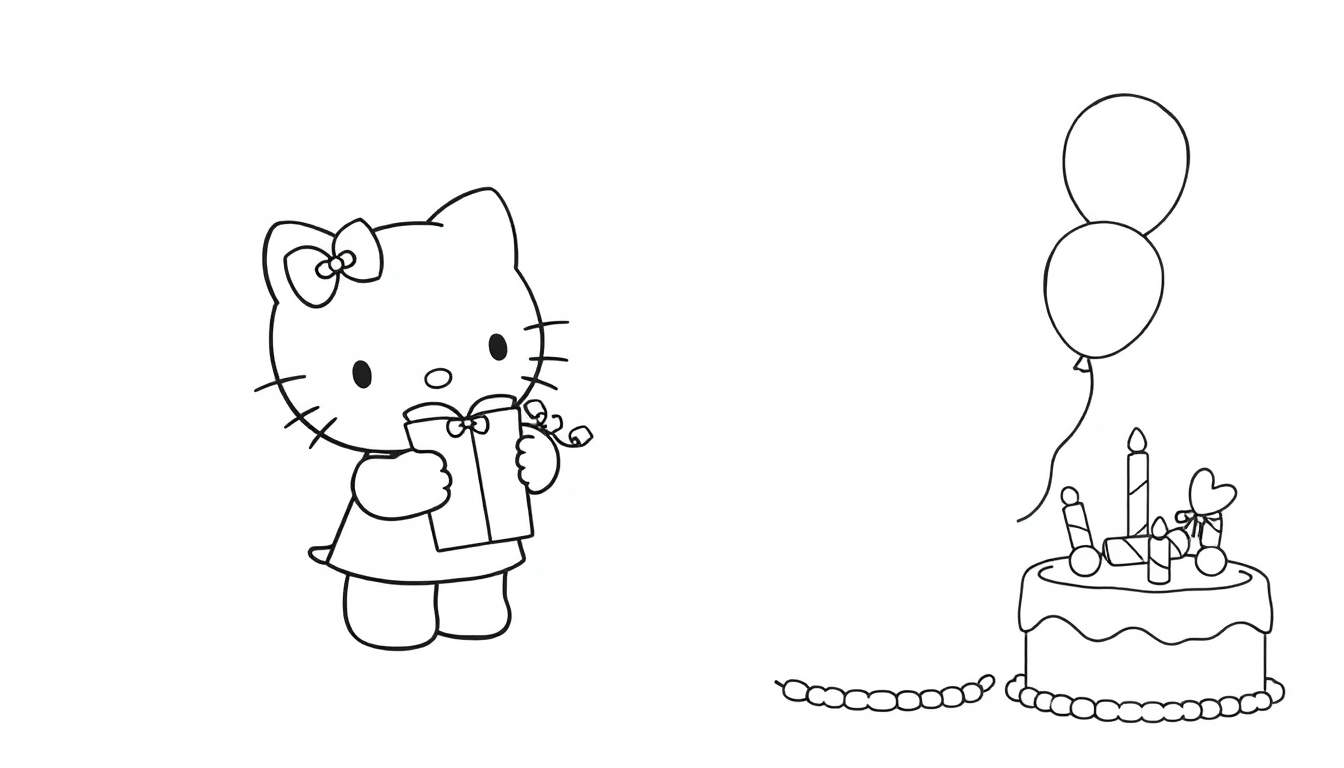 Hello Kitty présentant un cadeau sur une plaque de coloriage.