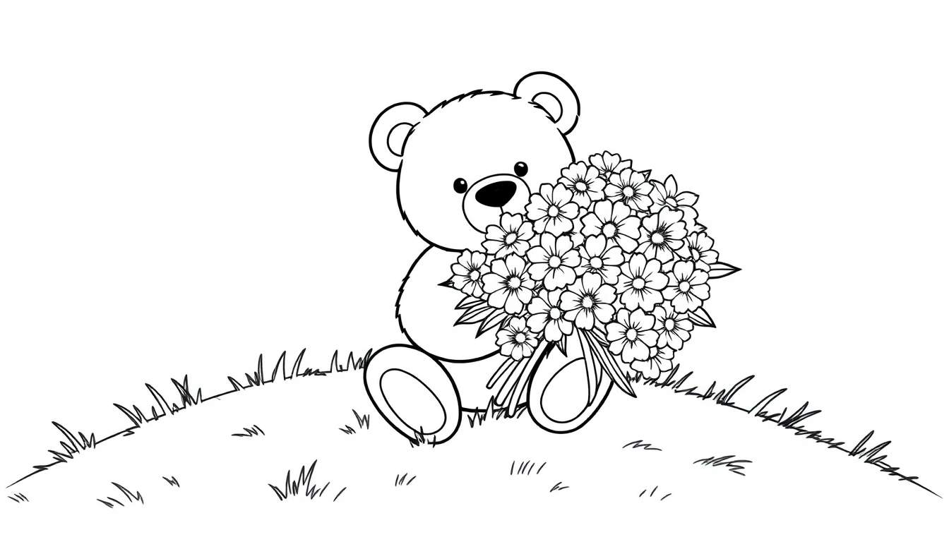 Dessin en couleur d'un adorable ours en peluche tenant un bouquet de fleurs.