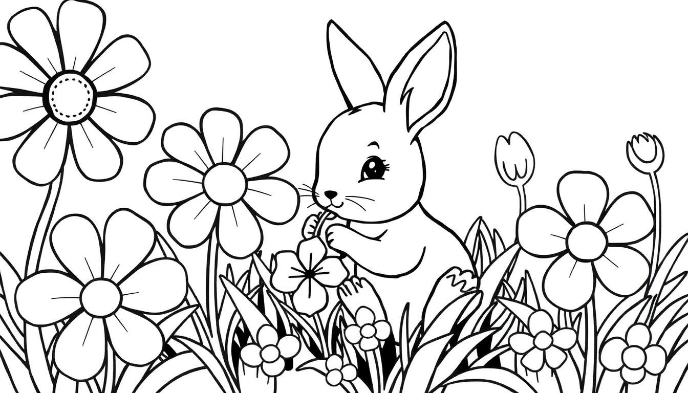 Une jolie plaque à colorier avec un bébé lapin dans un champ de fleurs.
