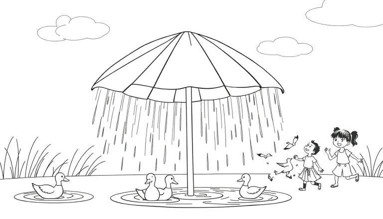 Dessin au trait d'un grand parapluie noir avec de la pluie tombant sur trois canards, et deux enfants jouant avec des oiseaux sous un ciel nuageux.