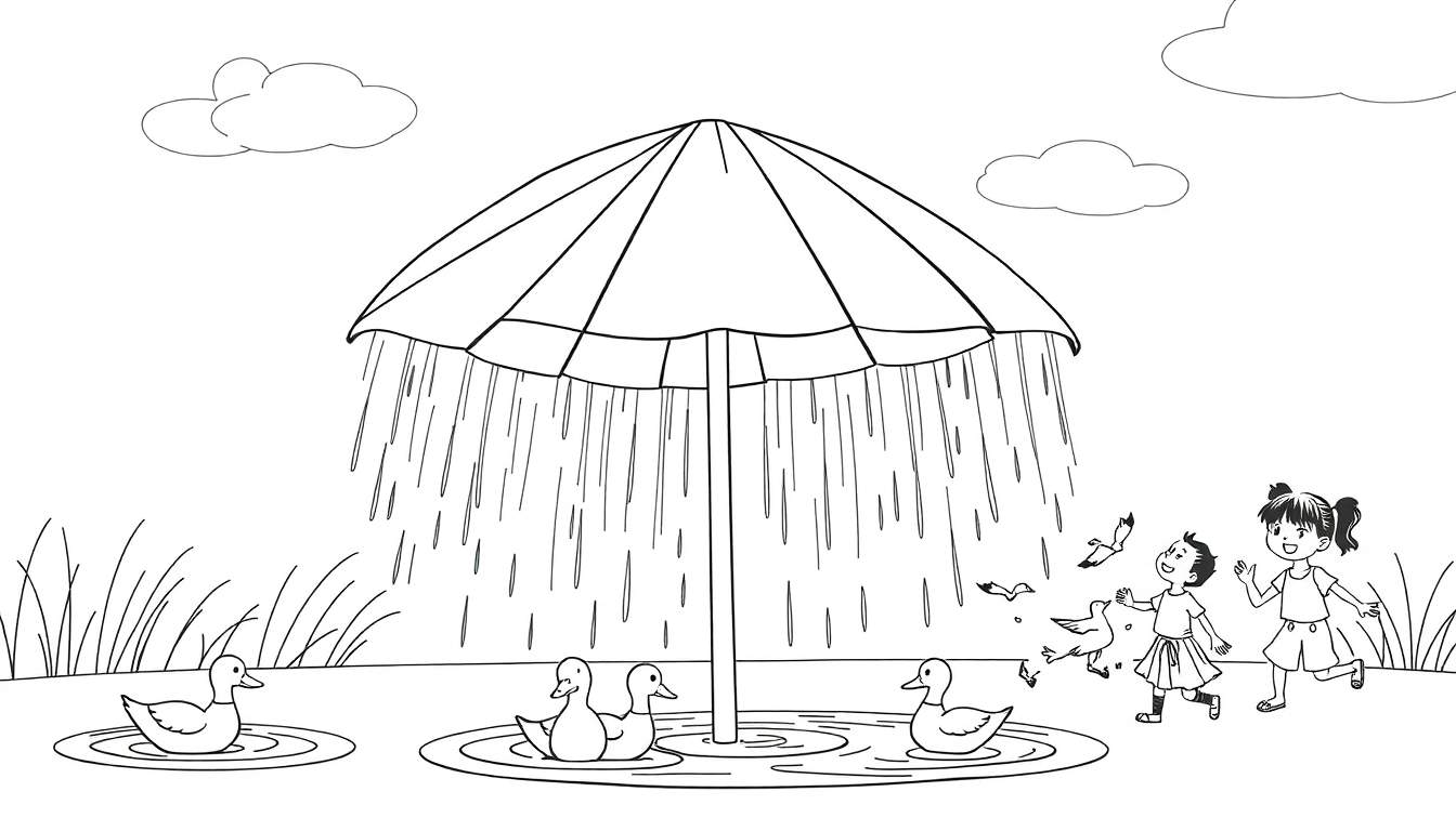 Dessin au trait d'un grand parapluie noir avec de la pluie tombant sur trois canards, et deux enfants jouant avec des oiseaux sous un ciel nuageux.