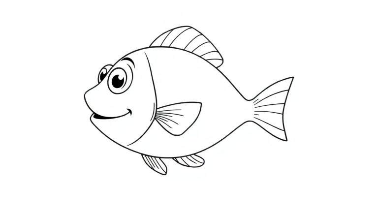 Dessin au trait d'un poisson joyeux avec des nageoires rayées, prêt à être coloré.