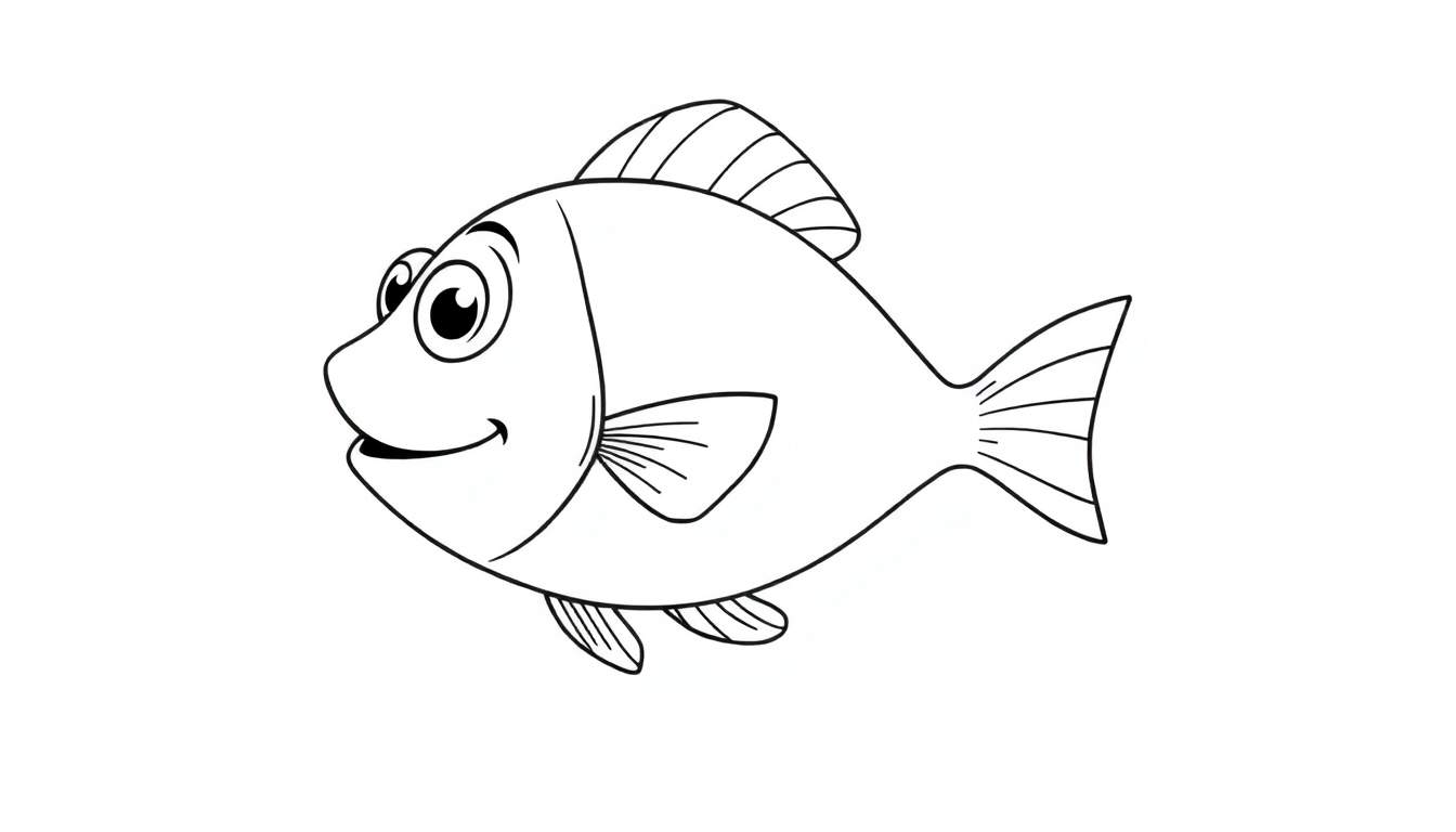 Dessin au trait d'un poisson joyeux avec des nageoires rayées, prêt à être coloré.