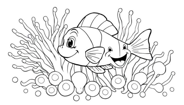 Dessin au trait d'un poisson-clown souriant entouré de plantes marines, pour un color panel.