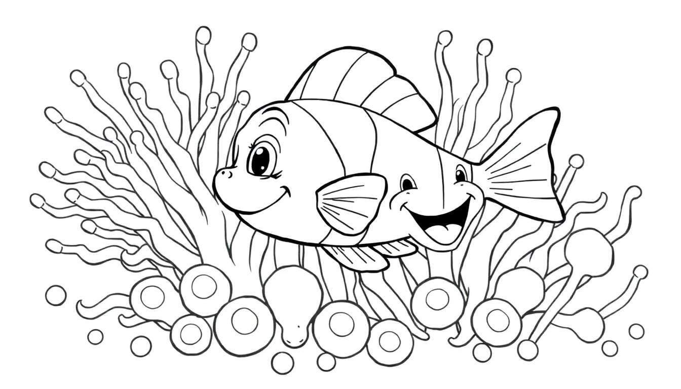 Dessin au trait d'un poisson-clown souriant entouré de plantes marines, pour un color panel.