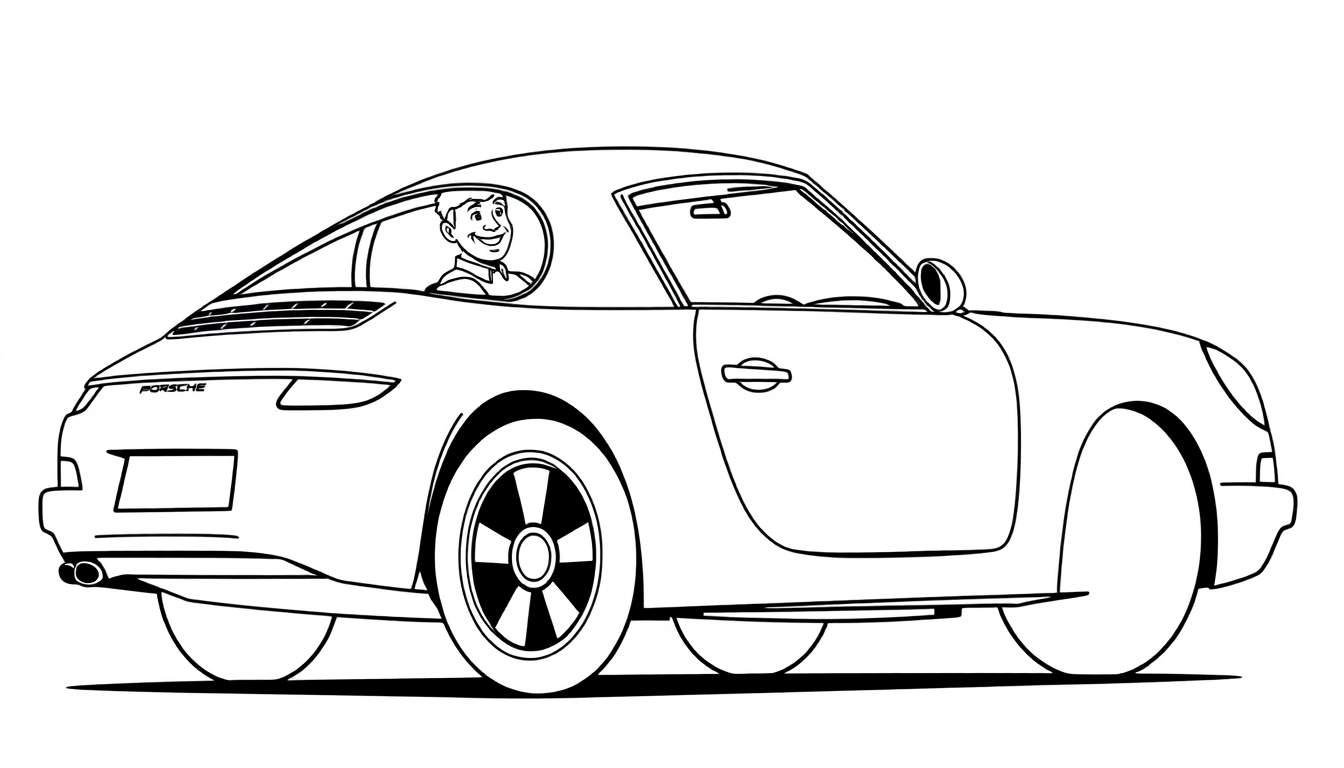 Dessin au trait d'une Porsche 911 décapotable rouge avec un pilote souriant, parfait pour un color panel.