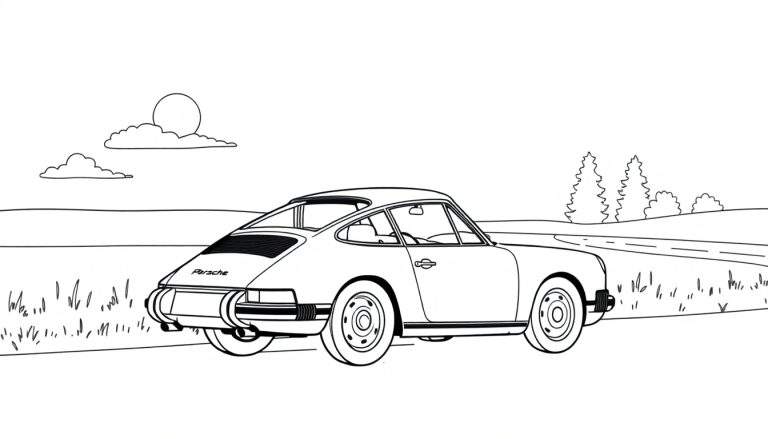 Dessin au trait d'une Porsche classique sur une route de campagne, prête à être coloriée.