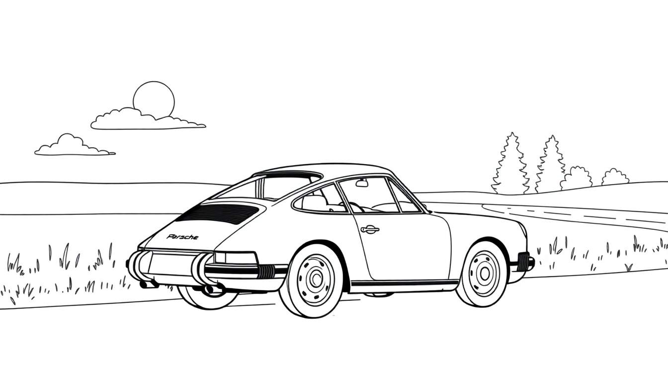 Dessin au trait d'une Porsche classique sur une route de campagne, prête à être coloriée.