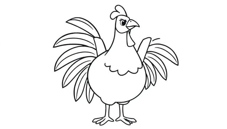 Dessin au trait simple d'un poulet joyeux avec des ailes à moitié ouvertes, prêt à être coloré.