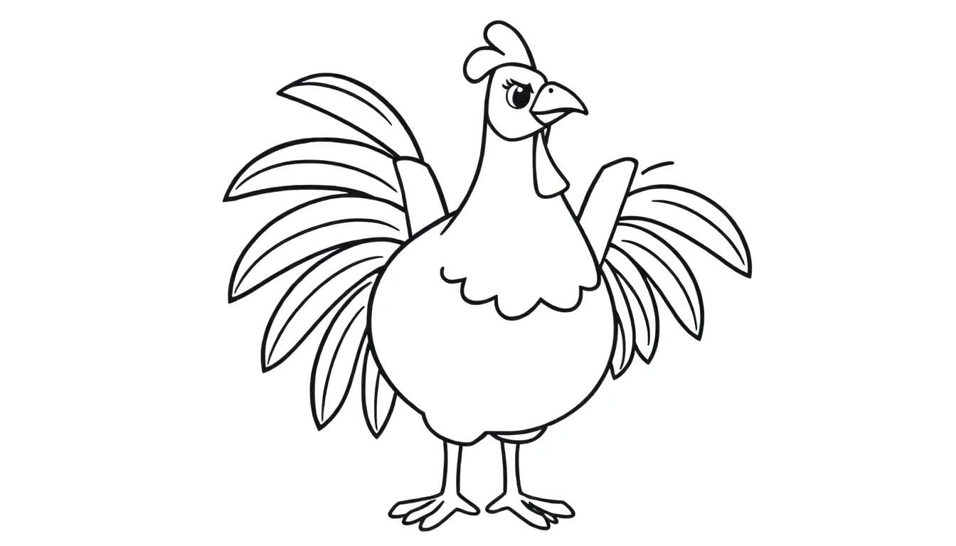 Dessin au trait simple d'un poulet joyeux avec des ailes à moitié ouvertes, prêt à être coloré.