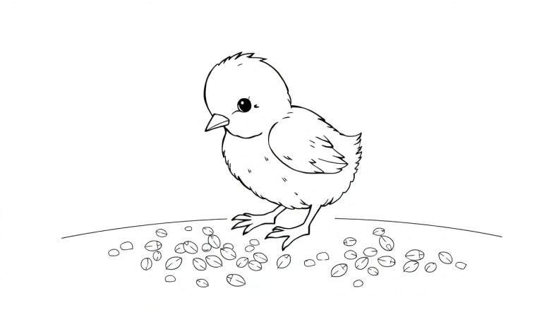 Un poussin jaune mignon sur un color panel avec des graines.