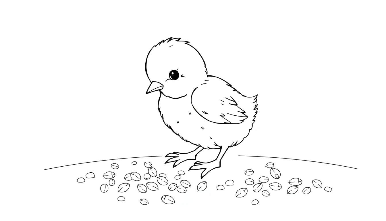 Un poussin jaune mignon sur un color panel avec des graines.