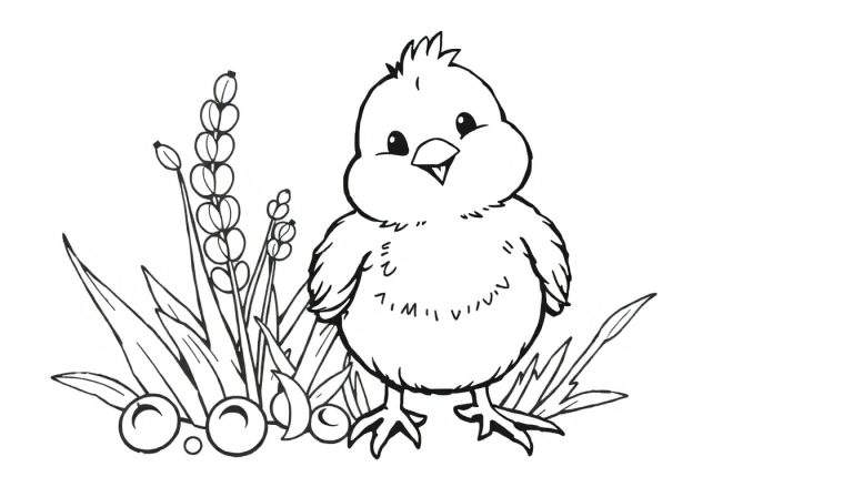 Un dessin au trait d'un poussin joyeux picorant des graines dans l'herbe, parfait pour un color panel.