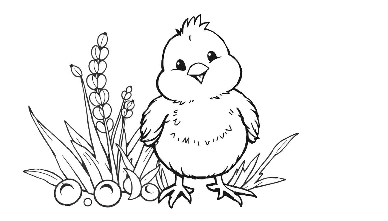 Un dessin au trait d'un poussin joyeux picorant des graines dans l'herbe, parfait pour un color panel.