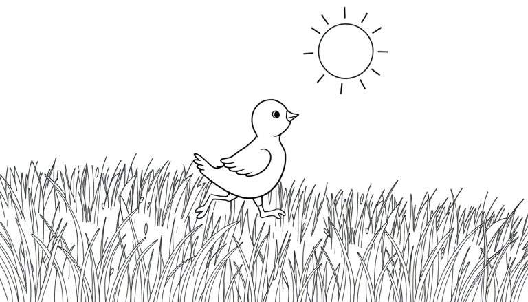 Un petit poussin noir et blanc court joyeusement dans une prairie dessinée avec de l'herbe verte et un soleil rayonnant.