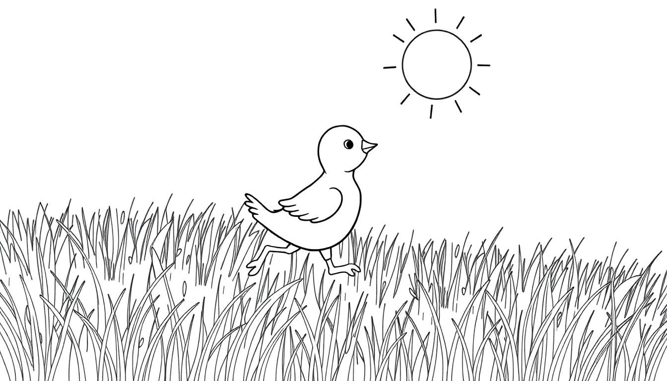 Un petit poussin noir et blanc court joyeusement dans une prairie dessinée avec de l'herbe verte et un soleil rayonnant.