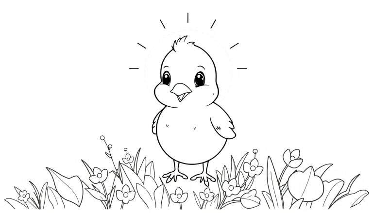 Un poussin mignon et joyeux avec une auréole pointillée se tient dans un champ de fleurs colorées.