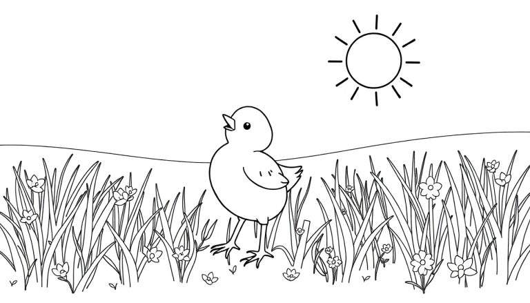 Un poussin jaune dans un champ avec un soleil dans le ciel, prêt à être coloré.