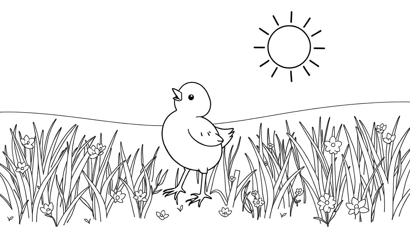 Un poussin jaune dans un champ avec un soleil dans le ciel, prêt à être coloré.