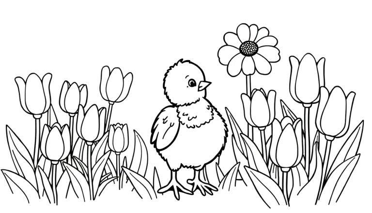 Poussin curieux entouré de tulipes et d'une marguerite, prêt pour un color panel.