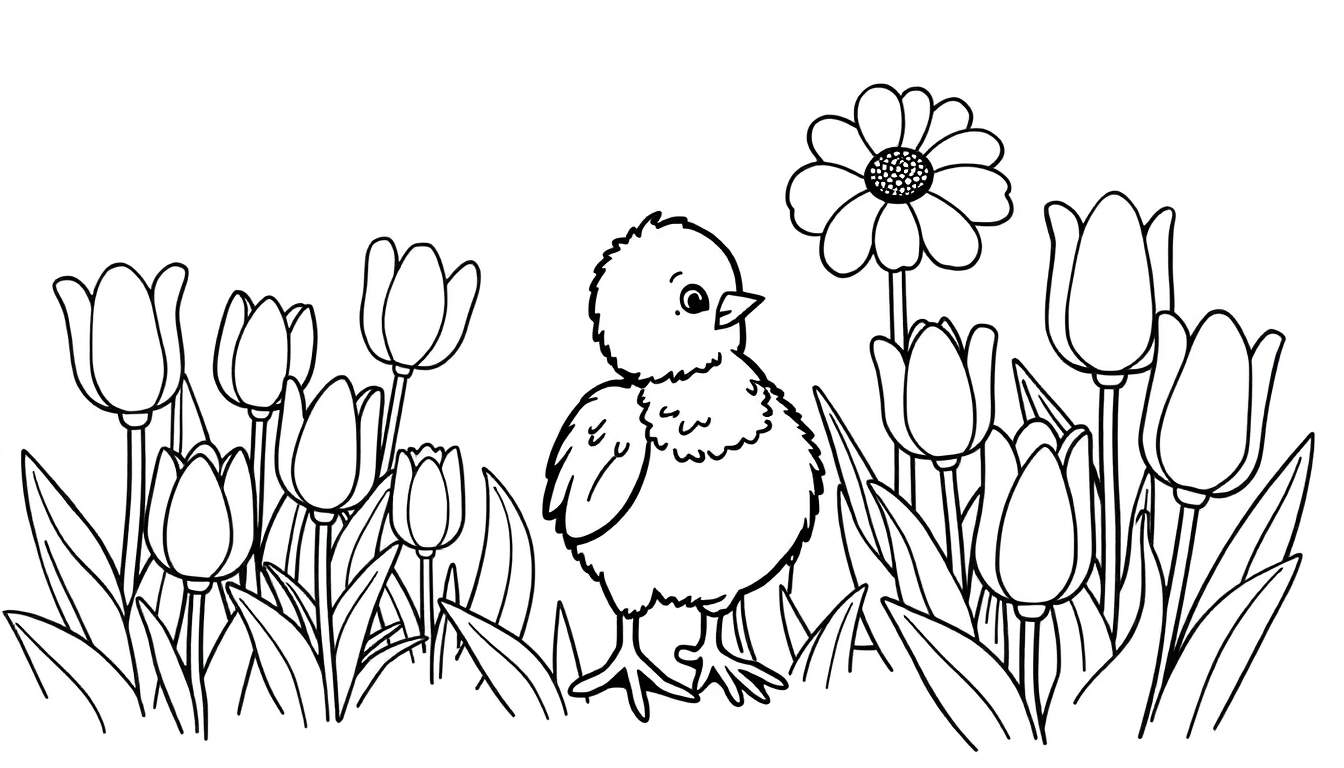 Poussin curieux entouré de tulipes et d'une marguerite, prêt pour un color panel.