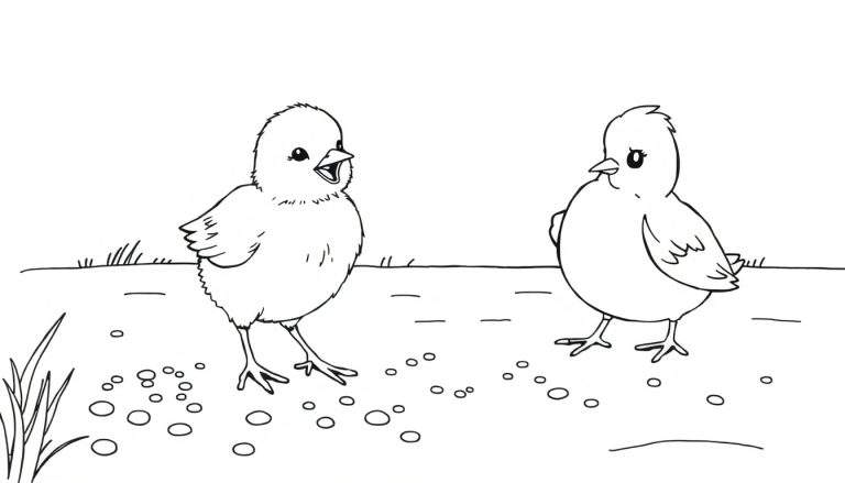 Deux poussins en noir et blanc, l'un piaillant, l'autre regardant.