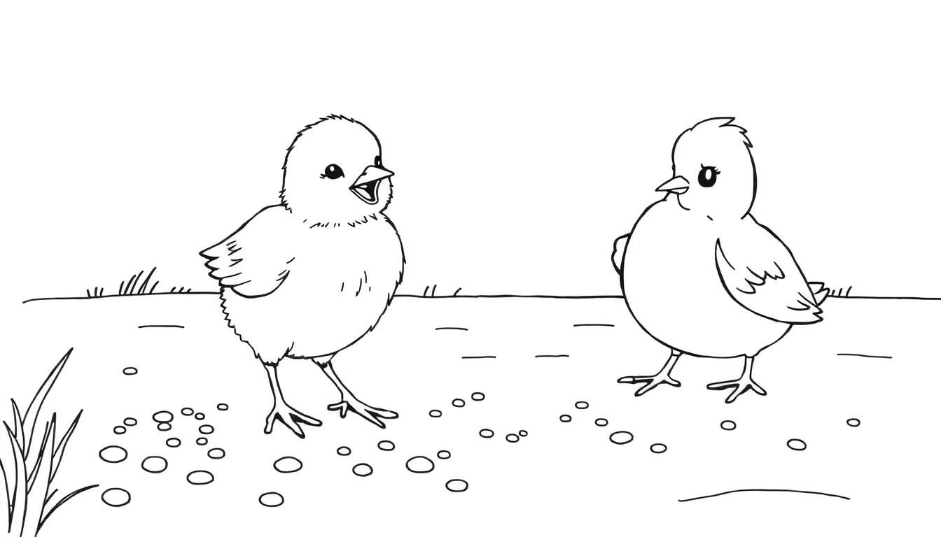 Deux poussins en noir et blanc, l'un piaillant, l'autre regardant.