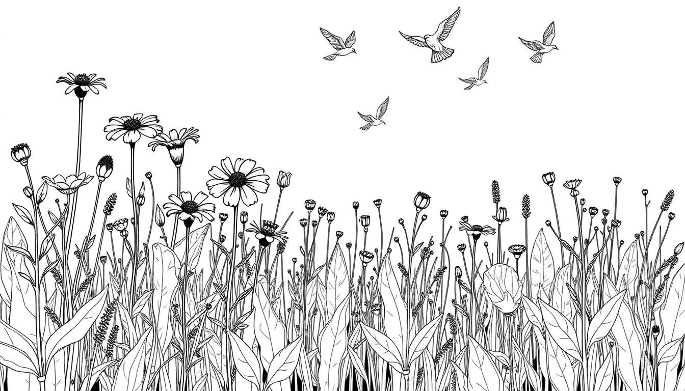 Un dessin au trait noir et blanc d'une prairie fleurie avec des oiseaux volant au-dessus.