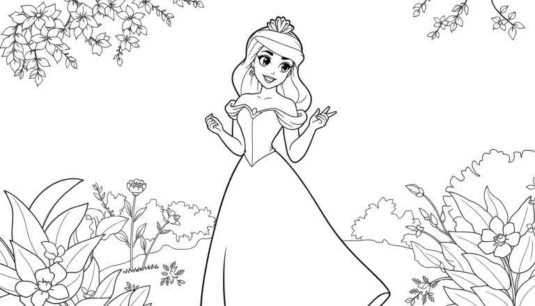 Princesse souriante dans un jardin fleuri, dessin au trait, color panel
