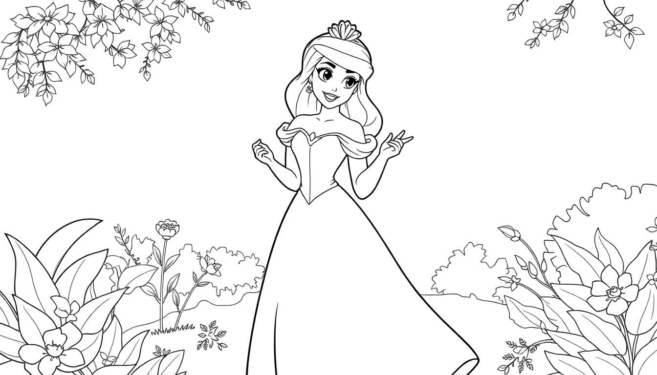 Princesse souriante dans un jardin fleuri, dessin au trait, color panel