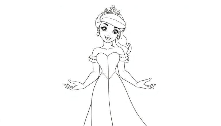 Une princesse dessinée à la main, prête à être colorée, avec une robe élégante et une couronne.