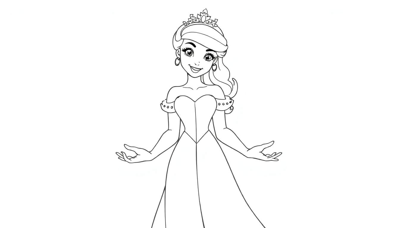 Une princesse dessinée à la main, prête à être colorée, avec une robe élégante et une couronne.