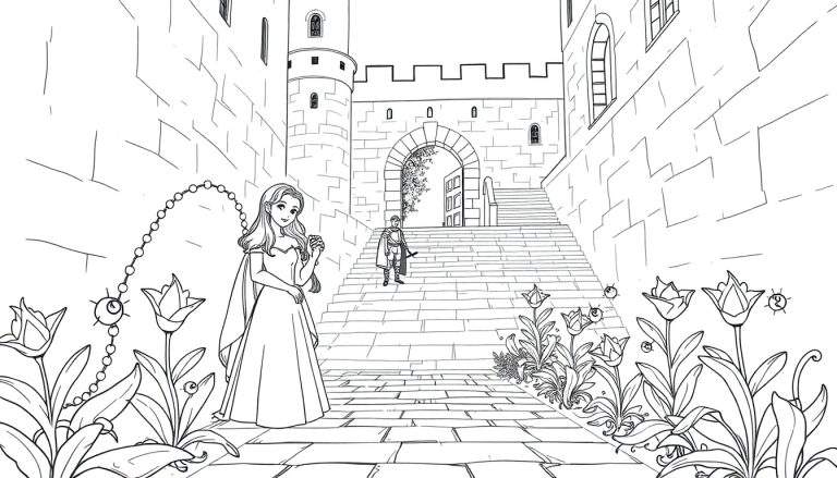 Un dessin au trait d'une scène médiévale avec une princesse et un chevalier devant un château, parfait pour un color panel.
