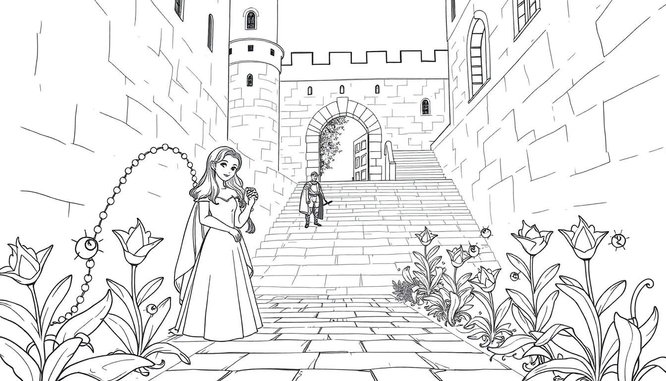 Un dessin au trait d'une scène médiévale avec une princesse et un chevalier devant un château, parfait pour un color panel.